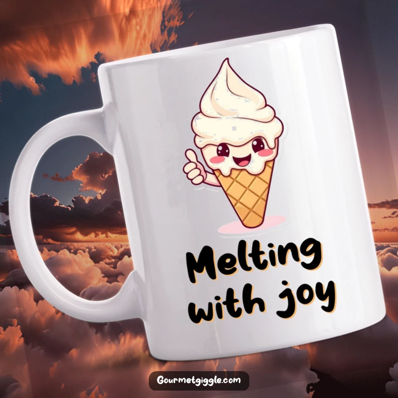 Funny ice cream cone mug, melting cheerfully and giving a thumbs up. Sweet and happy character.