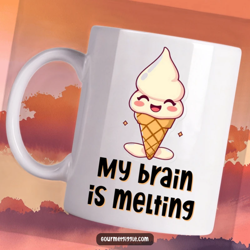 Funny melting ice cream cone mug with a delighted expression, captured in a moment of sweet, melty bliss, perfect for a sunny day.