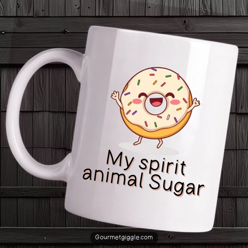 Funny donut mug with sprinkles doing a joyful wiggle dance, spreading happiness and delicious vibes. A cheerful and energetic character.
