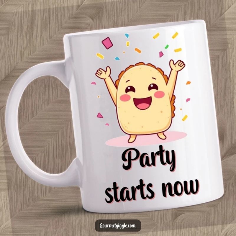 Funny taco mug with arms joyfully throwing confetti, celebrating any occasion with pure, unadulterated, humorous glee.