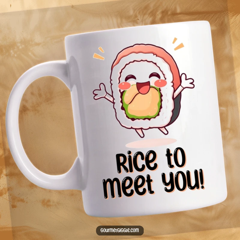 Funny sushi roll mug with a happy face excitedly jumping for joy, a hilarious and energetic design for sushi lovers.