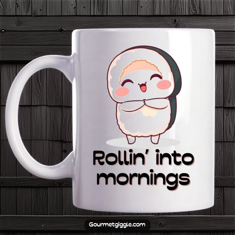 Funny Mug with a smiling sushi roll performing a graceful, polite bow, radiating Japanese hospitality.