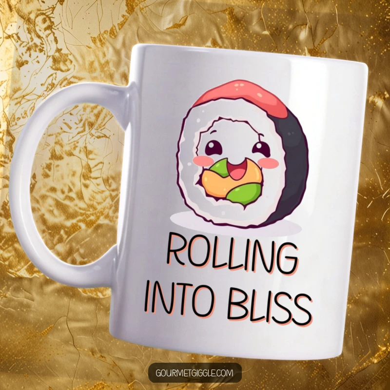 Funny Mug: A happy sushi roll joyfully rolling with glee, exuding pure delight and deliciousness.