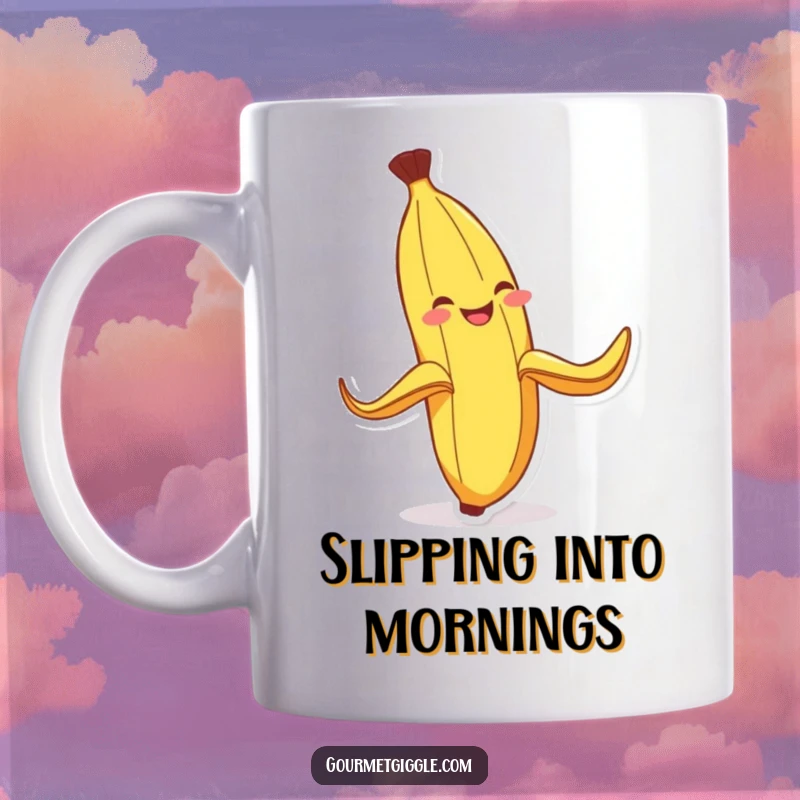 Funny Banana Peel Slipping Mug: A cheerful banana peel comically slipping on itself, its grin wide, perfect for a humorous coffee break.