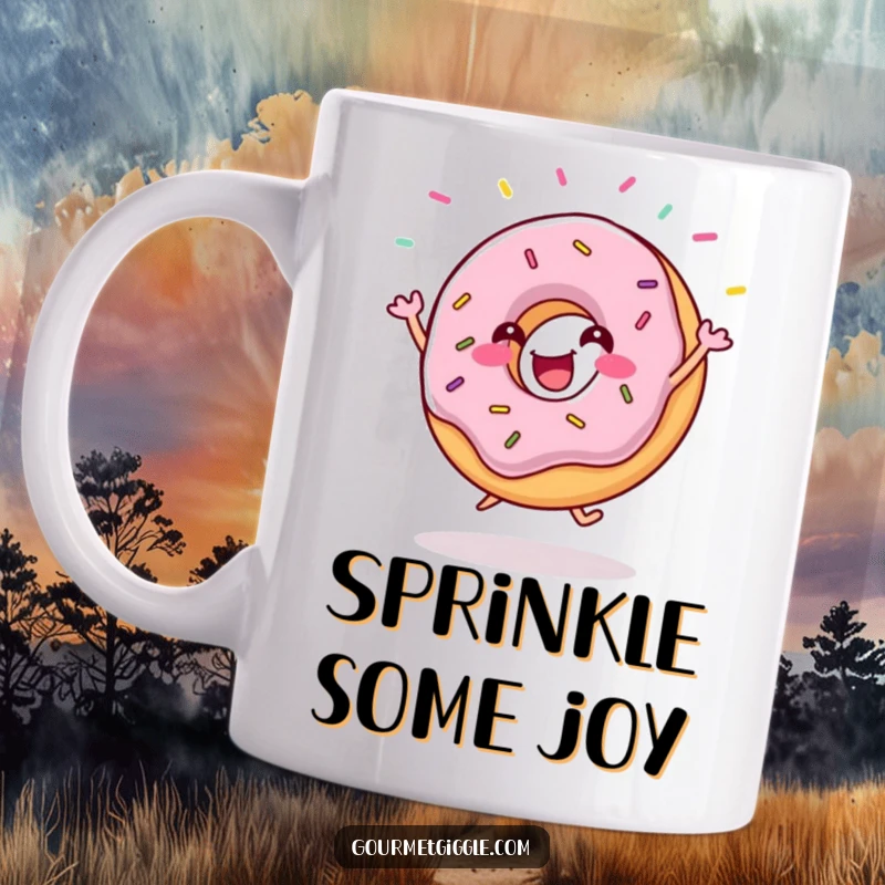 Funny donut mug depicting a gleeful donut doing a happy jig with colorful sprinkles flying energetically. A cheerful treat.