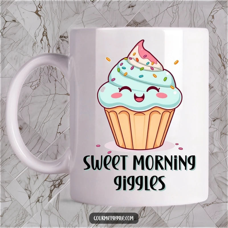 Funny mug with a giggling cupcake enjoying a rain of colorful sprinkles. Sweet, humorous, and a perfect funny gift.