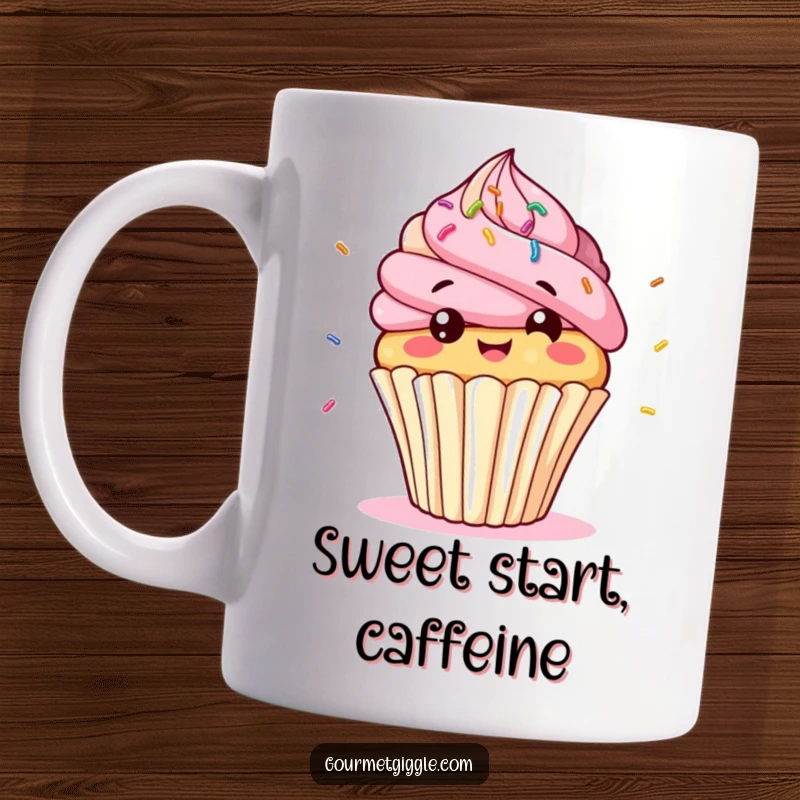 Funny cupcake character mug, a giggling, bobbing cupcake with sprinkles bouncing, embodying sweet joy.