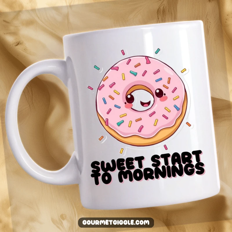 Funny mug showcasing a gleeful donut happily spinning with sprinkles showering down, embodying pure, sweet joy.