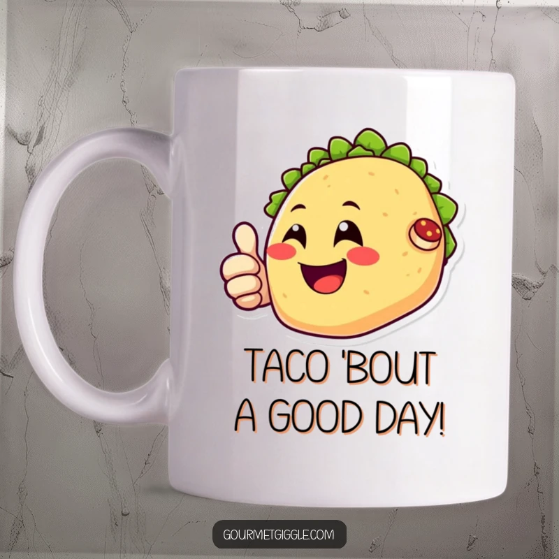 Funny mug with a smiling cartoon taco character giving a big thumbs up, radiating happiness and deliciousness.