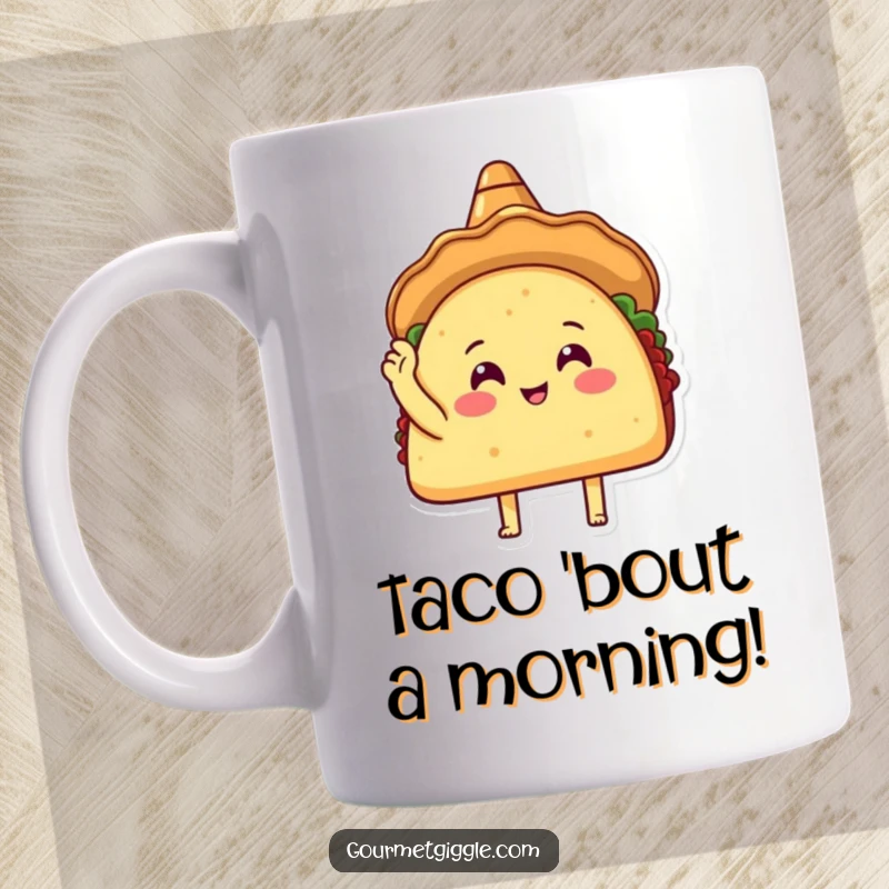 Funny Taco Fiesta Mug showing a happy taco in a sombrero tapping its shell with glee, spreading contagious joy.