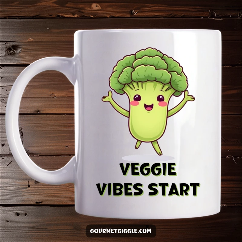 Funny mug showcasing a dancing broccoli floret with green arms, swaying merrily, perfect for health enthusiasts and lovers of quirky humor.