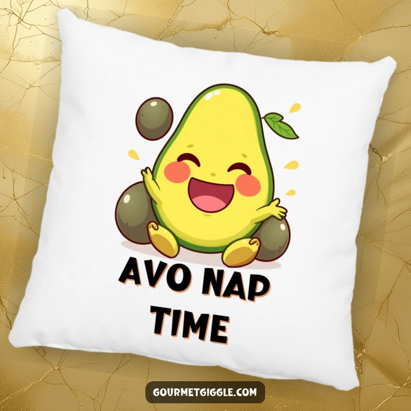 Funny Pillow featuring a happy avocado juggling pits, offering a soft, whimsical, and humorous decorative accent.