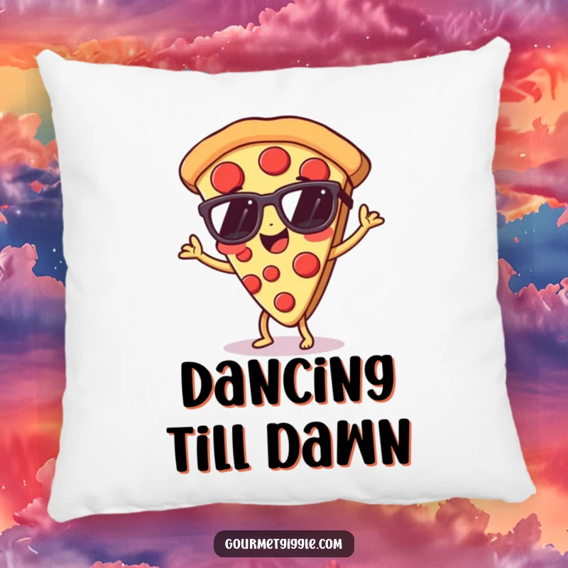 Funny pizza pillow featuring a dancing slice in sunglasses, adding a humorous touch to comfort.
