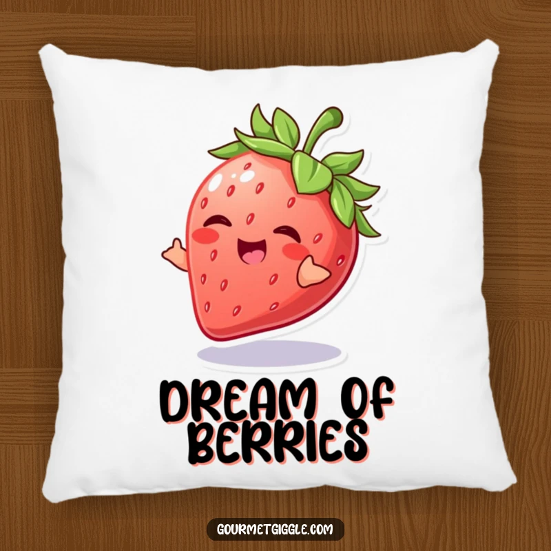 Funny Strawberry Pillow featuring a giggling strawberry doing a playful spin, offering comfort and delightful fruity charm.