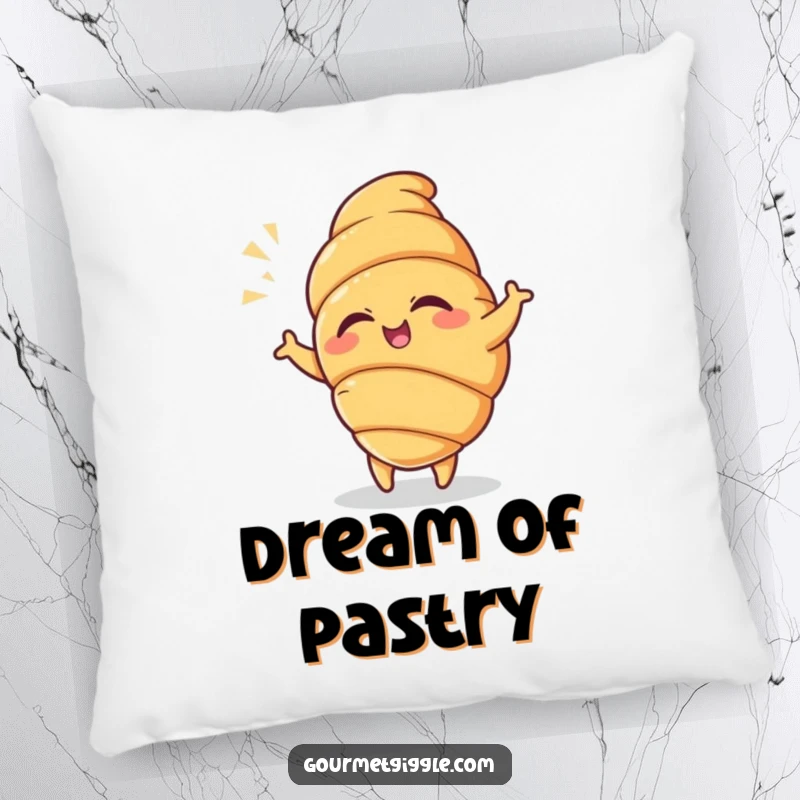 Funny Croissant Pillow featuring a winking croissant in a playful dance pose with a flourish, offering comfort and whimsical appeal.
