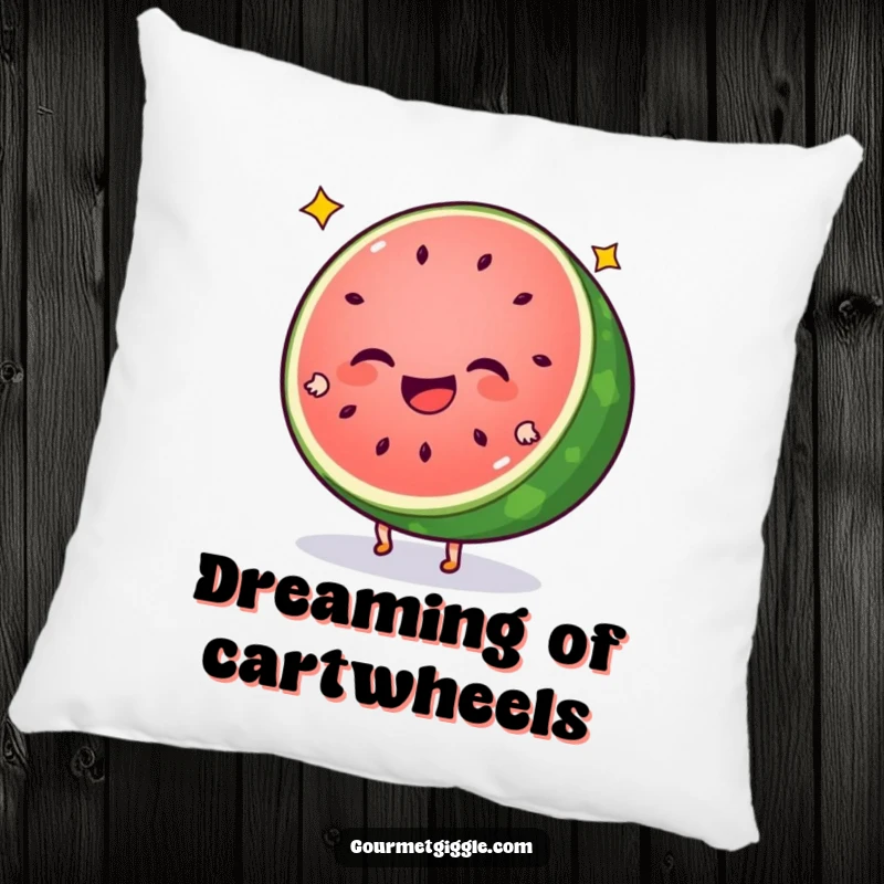 Funny watermelon pillow with a giggling slice doing cartwheels and star seeds, offering comfort and a splash of playful humor. Soft and sweet.