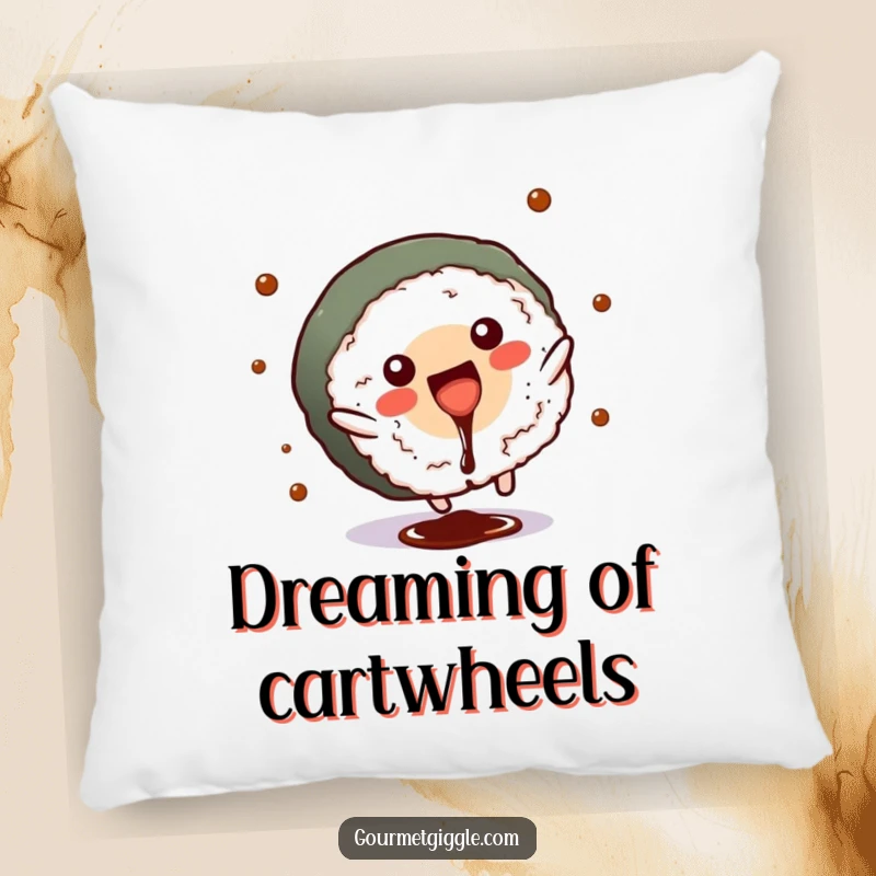 Funny sushi roll pillow with a cartwheeling character and soy sauce splash, adding humor to decor.