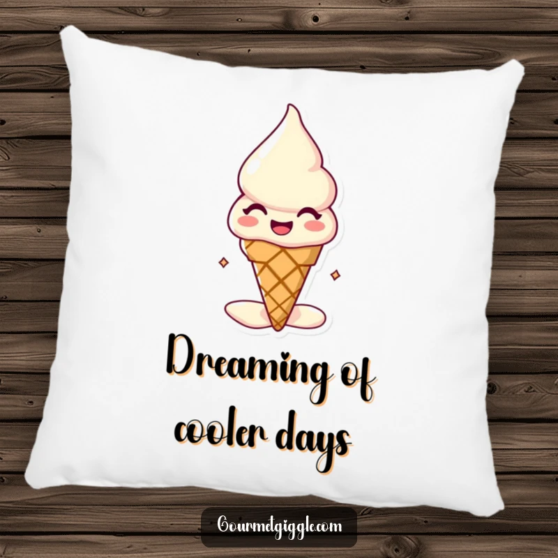 Funny melting ice cream cone pillow, a delightful, melty character with a happy expression, offering soft comfort and cheerful vibes.
