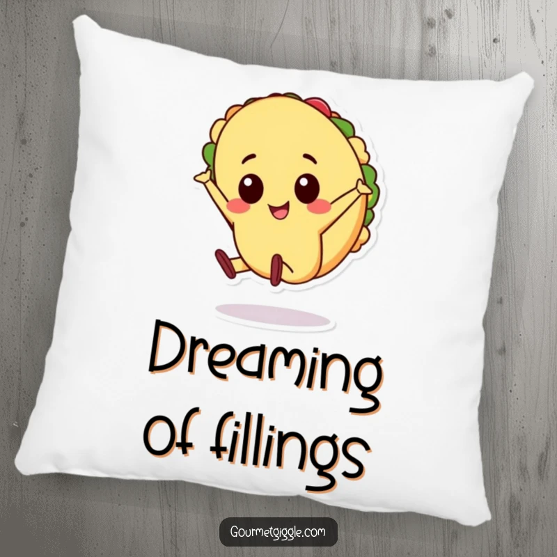 Funny cheerful taco character doing a cartwheel on a pillow, a comfy and energetic cushion, a perfect funny gift.