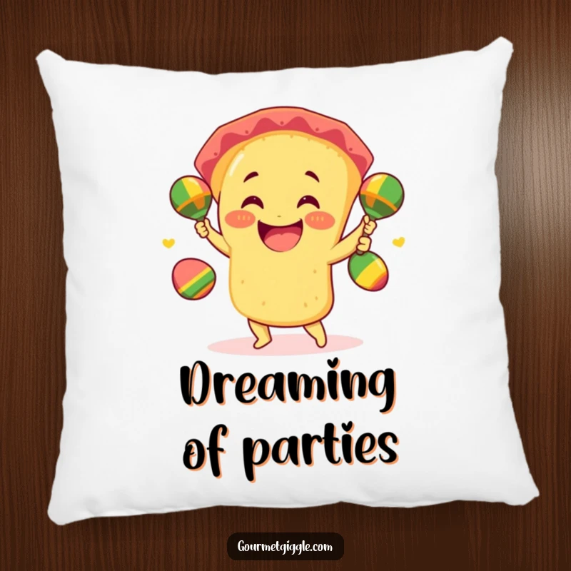 Funny taco pillow featuring a smiling taco juggling three mini maracas with giddy excitement, providing comfort and quirky decor.