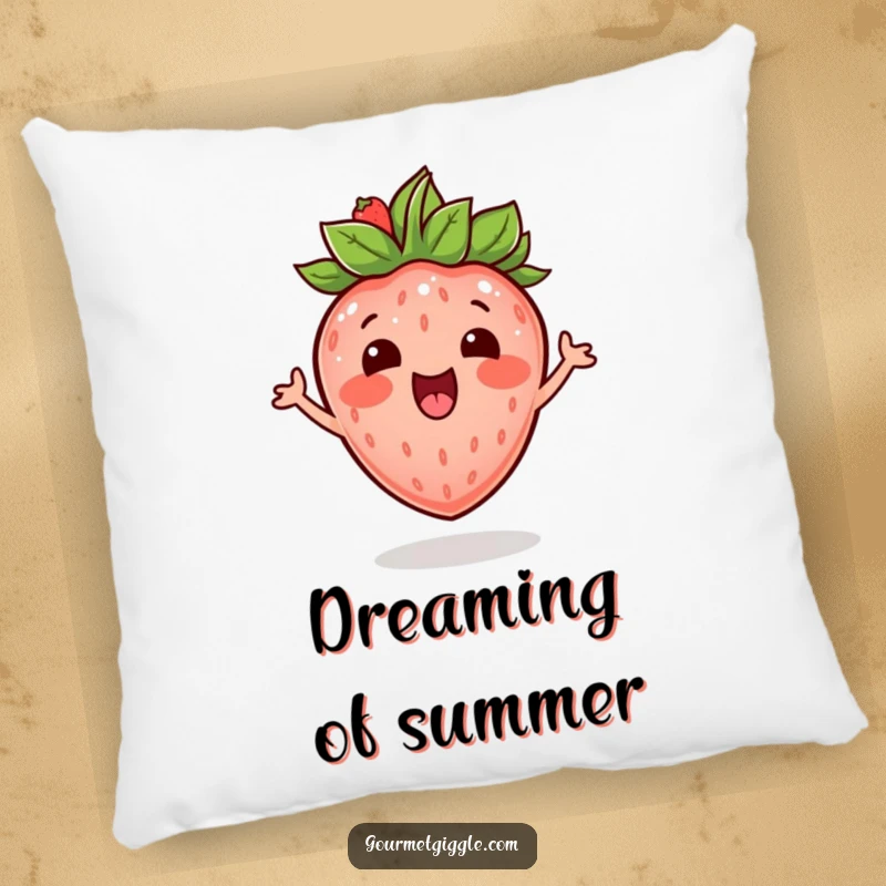 Funny excited strawberry with a leafy crown, bouncing with mirth on a soft and cheerful pillow.