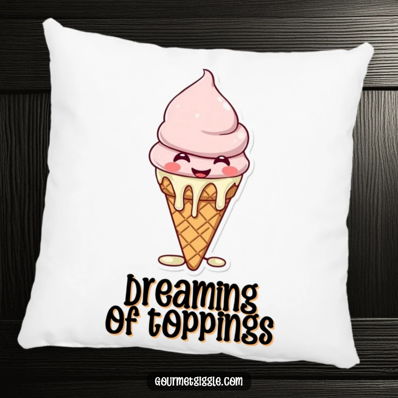 Funny Pillow showcasing a giggling ice cream cone with melting drips, adding a playful and sweet touch to decor.