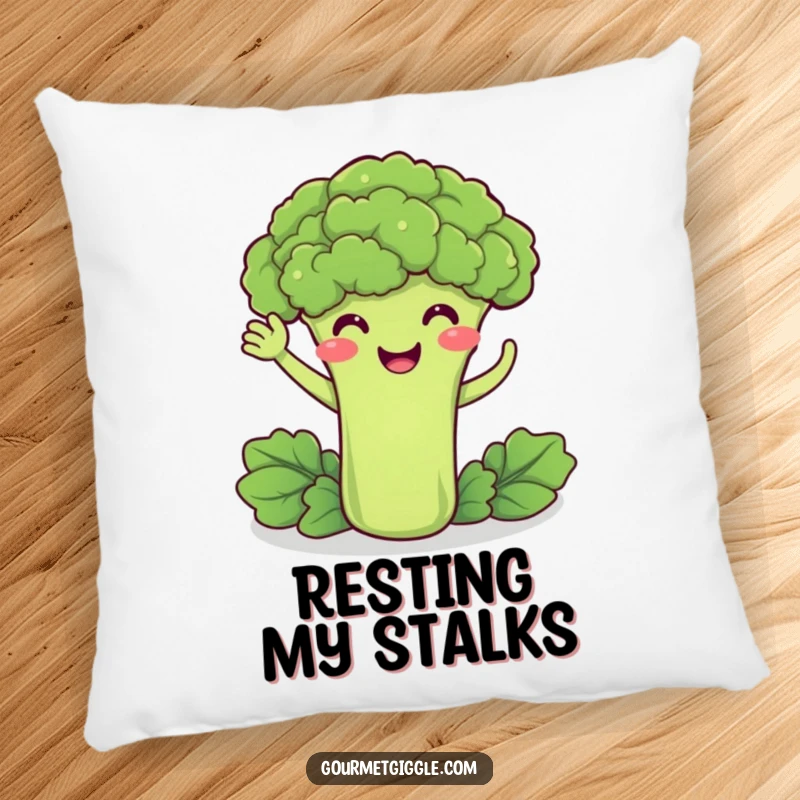 Funny pillow with a delighted broccoli smiling and doing a friendly wave, offering comfort and a touch of veggie humor.