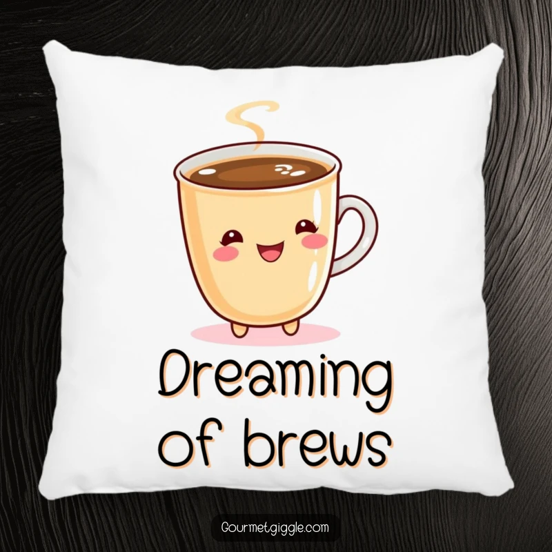 Funny pillow featuring a bubbly cup of coffee doing a cheerful twirl, offering comfort and a touch of caffeine-inspired joy.