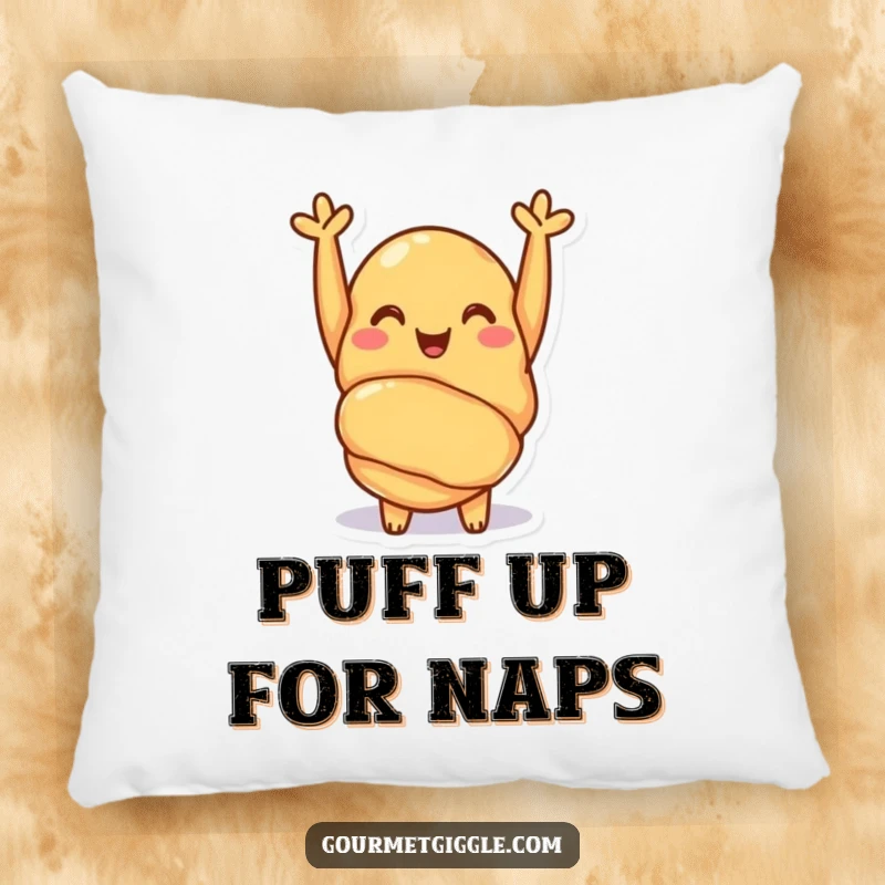 Funny croissant pillow with a cheerful pastry giving a happy cheer, soft decor that brings warmth and smiles. A sweet addition.