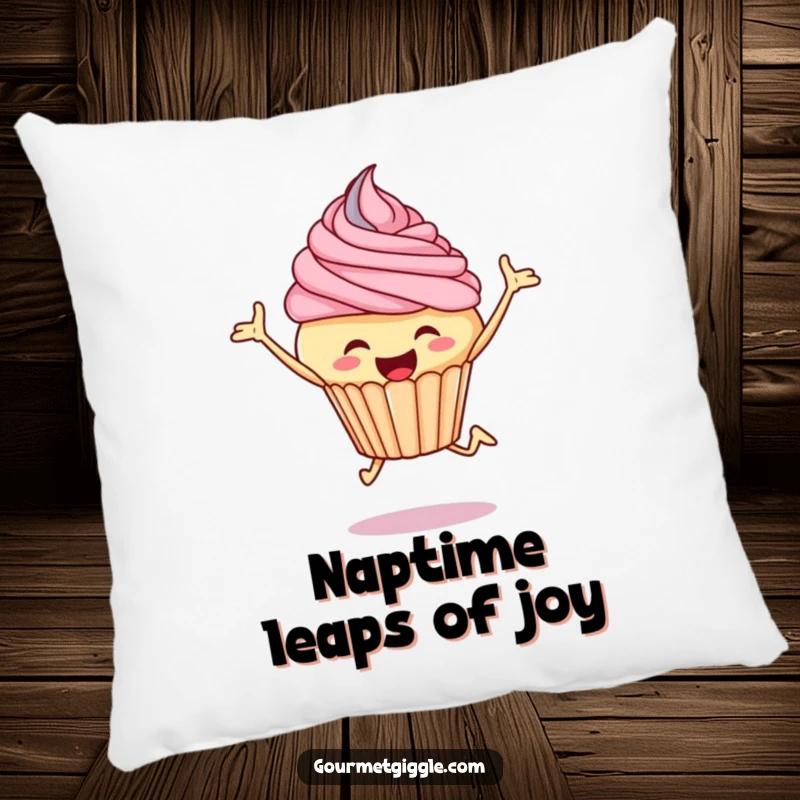 Funny cupcake pillow featuring a leaping cupcake with detailed frosting, bringing joy to decor.