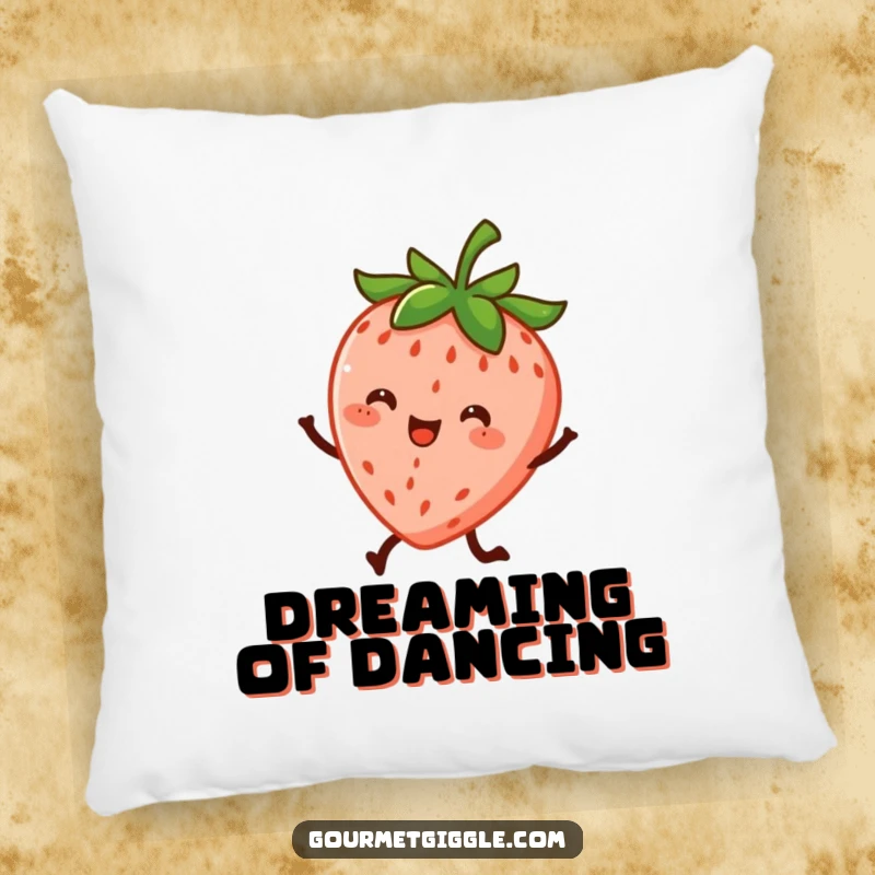 Funny pillow with a cheerful strawberry character dancing energetically on its little legs, adding a fun and cozy touch.