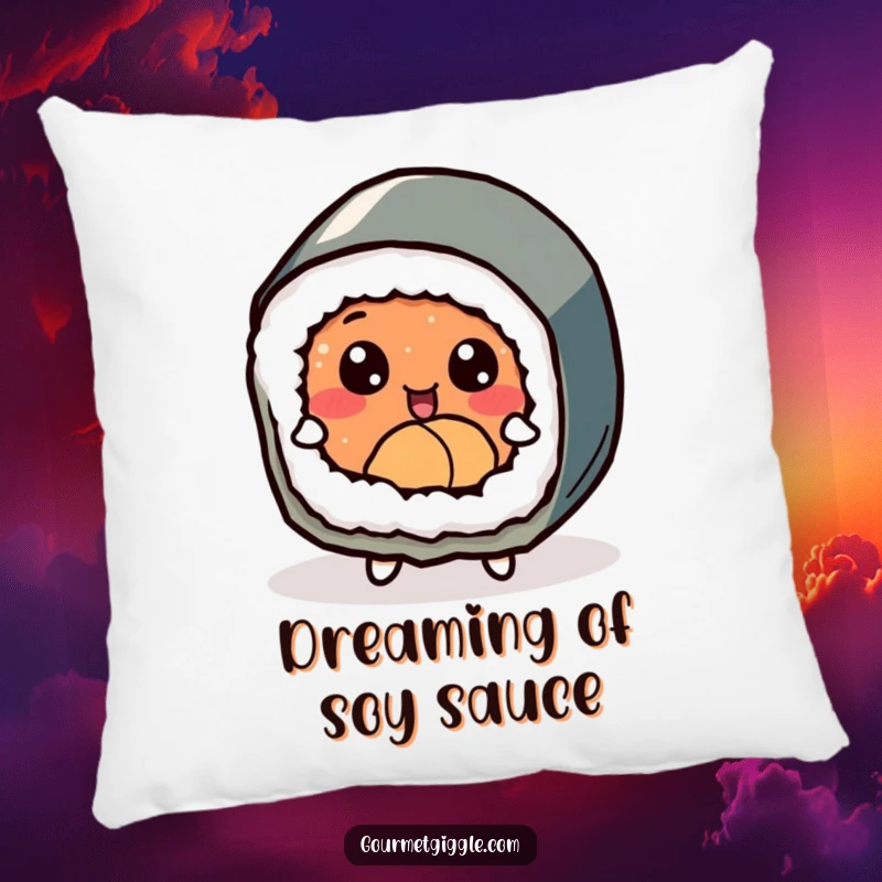 Funny delighted sushi roll with expressive eyes, joyfully dancing on a soft and comforting pillow.