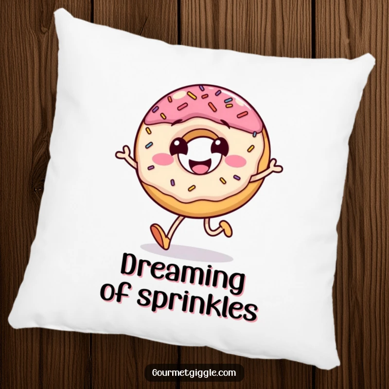 Funny pillow shaped like a grinning donut mid-jump with sprinkles scattering, adding sweet comfort and cheerful humor.