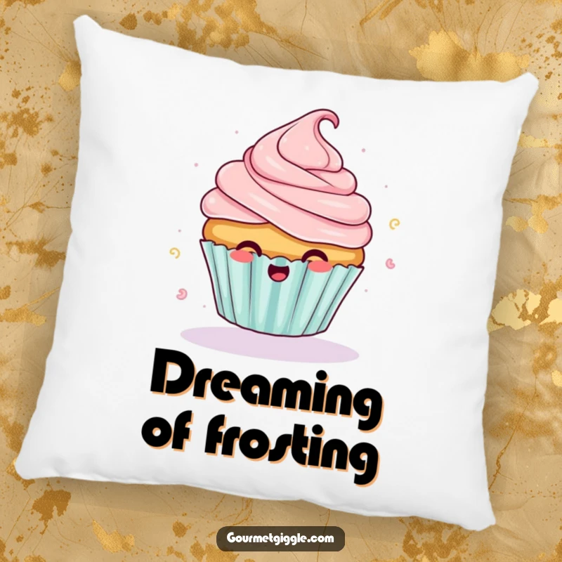 Funny giggling cupcake throw pillow with frosting flying off mid-spin, offering soft comfort and hilarious dessert-themed decor.
