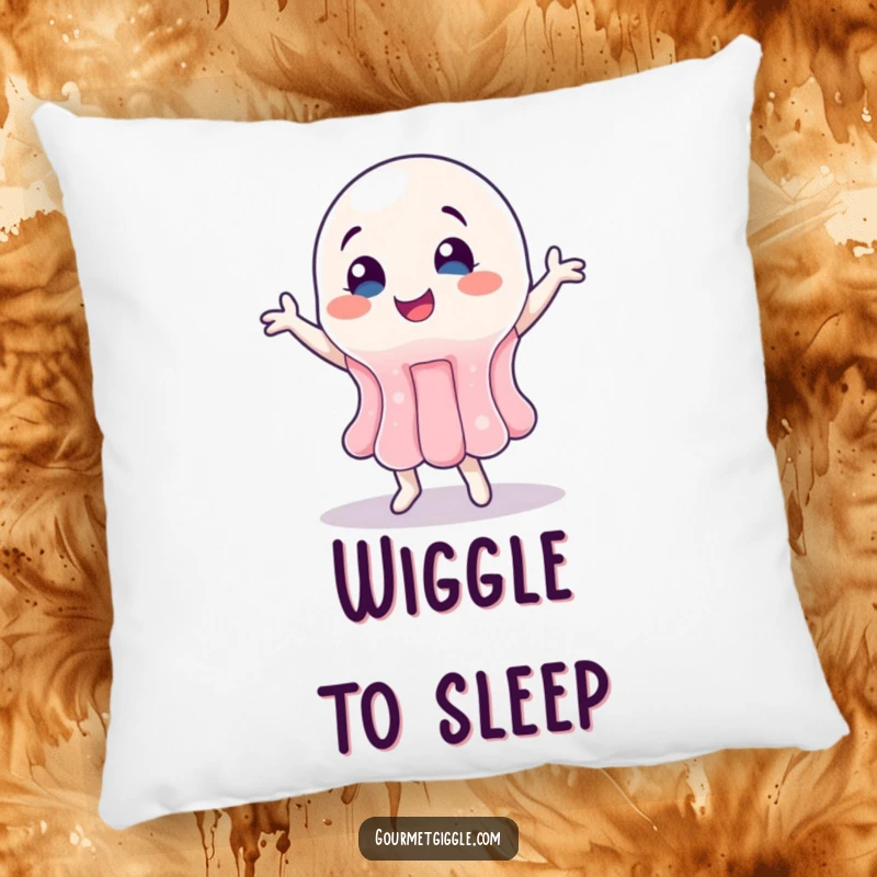 Funny Jelly Pillow designed with a wobbly jelly character joyfully doing a happy dance, ready to spread cheer.