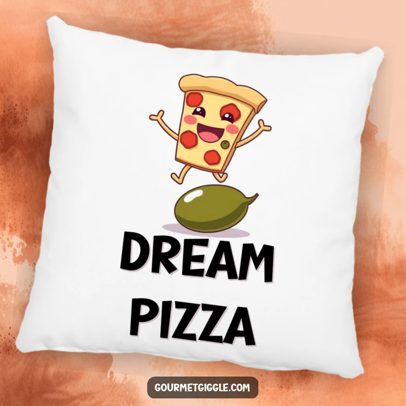 Funny pillow with a grinning pizza slice mid-leap over a giant olive, offering soft comfort and pizza-themed humor.