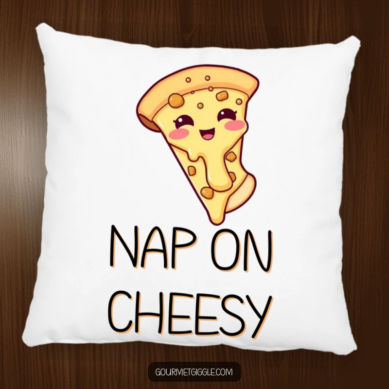 Funny pillow shaped like a smiling pizza slice, with its cheesy topping humorously sliding off, adding comfort and comedy.