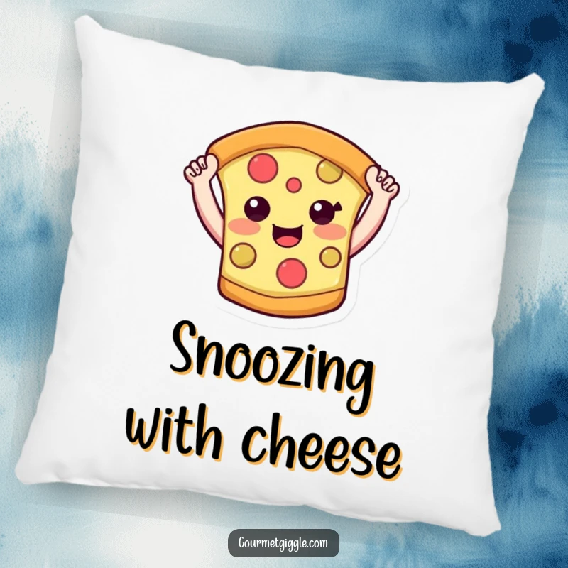 Funny pizza slice pillow featuring a happy pizza character with its arms raised, ready for a cozy embrace. Soft and squishy.