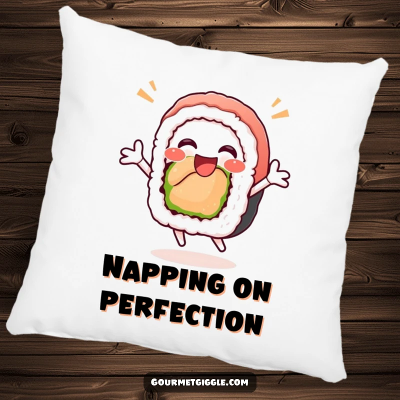 Funny sushi roll pillow featuring a delighted sushi roll doing a happy celebratory jump, offering comfort and humor for any couch or bed.