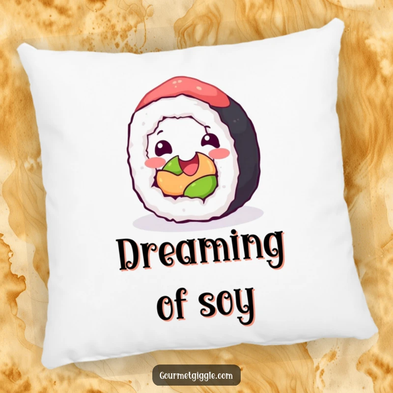 Funny Pillow: A plush pillow featuring a happy sushi roll joyfully rolling with glee, adding culinary fun to any space.