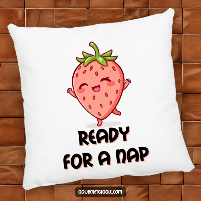 Funny winking strawberry pillow, soft and plush, shown mid-twirl with a wink, adding a humorous touch to sofas and beds.