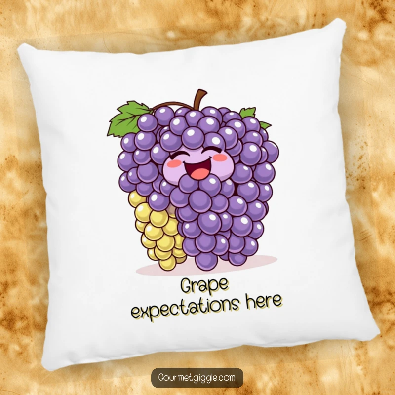 Funny wiggling grapes pillow, a soft cushion with a bunch of grapes laughing and bouncing playfully, adding humor to any room.