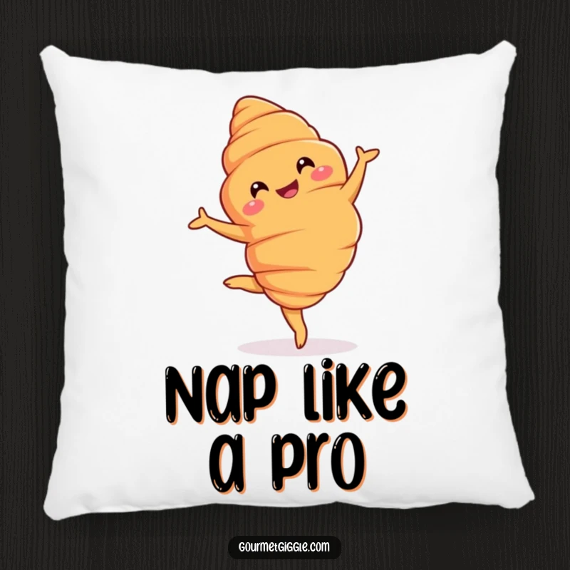 Funny Pillow: A plush pillow featuring a grinning croissant performing a graceful pirouette, adding artistic charm to any space.