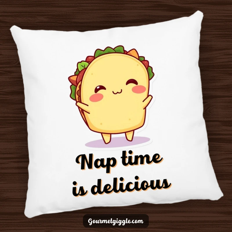 Funny Taco Pillow: A plush pillow featuring a happy taco doing a fun shimmy, its filling jiggling, offering comfort and hilarious food-themed decor.