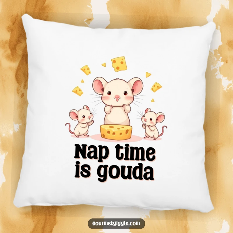 Funny Cheese Juggling Mice Pillow: A happy cheese wedge juggles small mice, offering a soft, humorous accent piece for ultimate comfort.