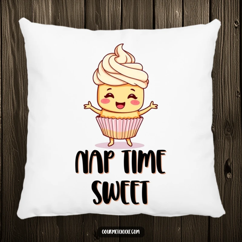 Funny cupcake pillow featuring a cheerful cupcake with frosting hair, dancing happily for ultimate comfort and cheer.