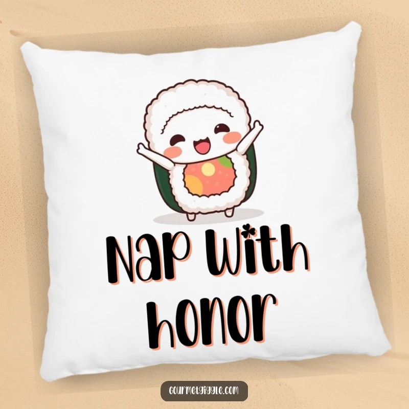 Funny sushi roll pillow featuring a happy character in a comical bow, providing comfort and a humorous accent for sofas and beds.