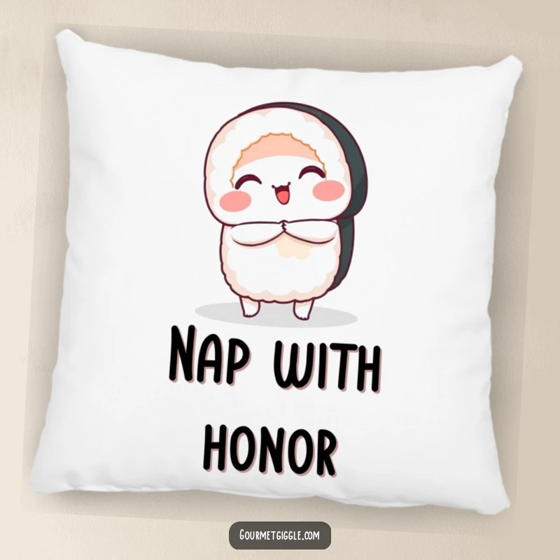 Funny Pillow featuring a happy sushi roll performing a bow, offering a soft, whimsical, and humorous decorative accent.