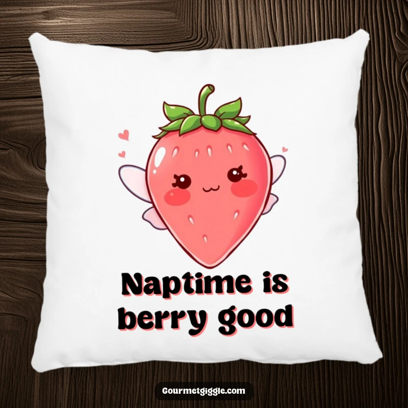 Funny blushing strawberry character with tiny fluttering wings on a pillow, a cute and comforting cushion, perfect for a funny gift.