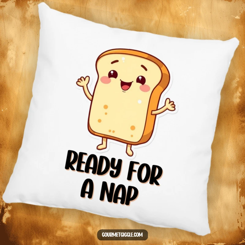 Funny grinning bread loaf with arms, cheerfully waving hello on a soft and comforting pillow.